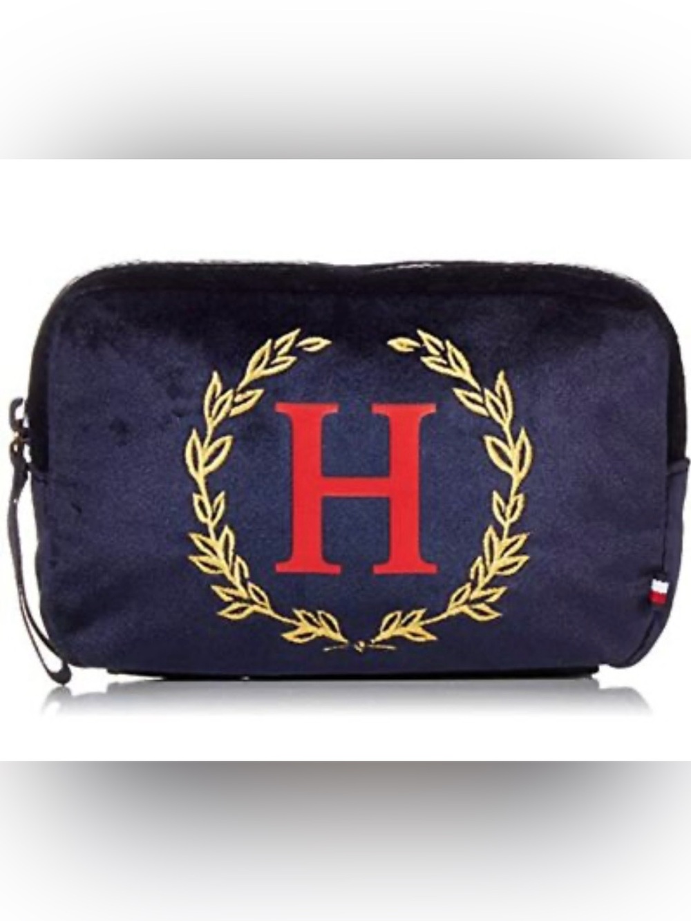 New Tommy Hilfiger Velour Navy Belt Bag Fanny Pack with Red 'H' and Gold Wreath